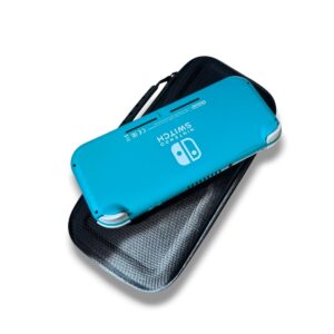 Turquoise Nintendo Switch Lite resting on an open black carrying case, viewed from above.