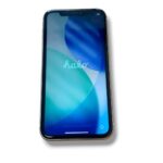 Angle view of a smartphone on a white background, screen showing a blue-teal abstract wallpaper with circular shapes.