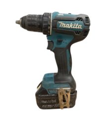Cordless drill with teal Makita body and black grip, battery attached at the bottom (power drill)