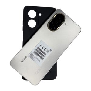 Silver Redmi smartphone back with a large dual-camera module, overlaid on a black protective case.