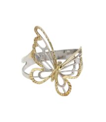 Two-tone butterfly ring with gold and silver filigree wings on an open band
