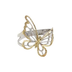 Two-tone butterfly ring with gold and silver filigree wings on an open band