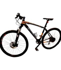 Black-and-orange hardtail mountain bike with front suspension and disc brakes, shown in profile against a white background.