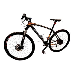 Black-and-orange hardtail mountain bike with front suspension and disc brakes, shown in profile against a white background.