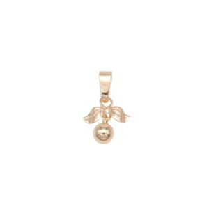 Gold pendant with two leaf charms and a small hanging bead perches from a bail.