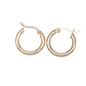 Gold-tone hoop earrings with hinged clasp, displayed on a white background