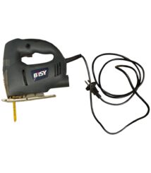 Corded handheld jigsaw with a yellow blade and black body, brand BISY, on white background.