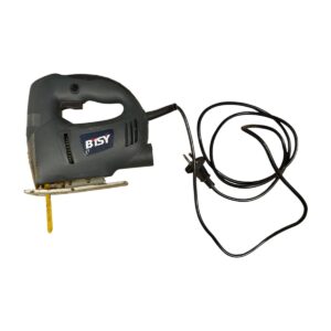 Corded handheld jigsaw with a yellow blade and black body, brand BISY, on white background.