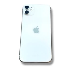 Back of a white iPhone showing the dual-camera module in the top-left corner and Apple logo