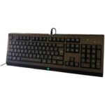 Black full-size wired keyboard with green backlighting, numeric keypad on the right, and a small Razer logo on the palm rest area (gaming keyboard).