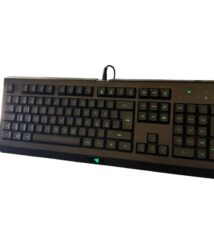 Black full-size wired keyboard with green backlighting, numeric keypad on the right, and a small Razer logo on the palm rest area (gaming keyboard).