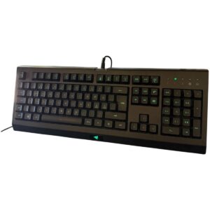 Black full-size wired keyboard with green backlighting, numeric keypad on the right, and a small Razer logo on the palm rest area (gaming keyboard).