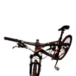 Front-side view of a black mountain bike with visible handlebars, front suspension, and saddle against a white background.