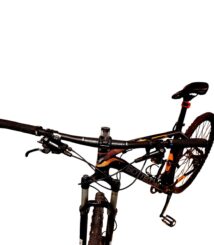 Front-side view of a black mountain bike with visible handlebars, front suspension, and saddle against a white background.