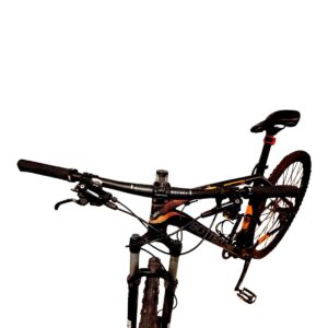 Front-side view of a black mountain bike with visible handlebars, front suspension, and saddle against a white background.