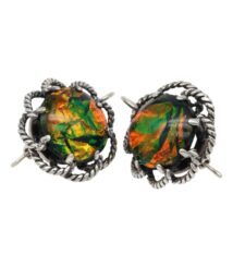 Silver-tone stud earrings featuring twisted rope frames around iridescent orange‑green stones.