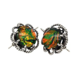 Silver-tone stud earrings featuring twisted rope frames around iridescent orange‑green stones.