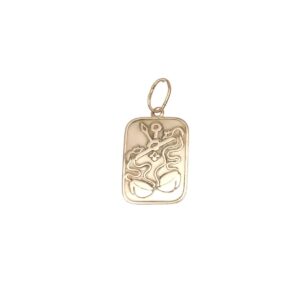 Gold rectangular pendant with engraved abstract swirling lines and a small loop bail at the top.