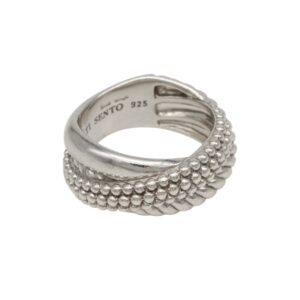 Sterling silver ring with a beaded braided outer texture and a solid inner band; stamped 925 inside.