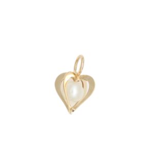 Gold heart-shaped pendant with a central white pearl and a jump ring for attaching to a chain