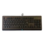 Full-size black wired keyboard with numeric keypad and blue backlit keys.