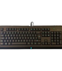 Full-size black wired keyboard with numeric keypad and blue backlit keys.