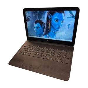 Brown HP laptop open on a white background, displaying a blue Avatar wallpaper with two Na'vi characters