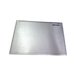 Closed silver Toshiba laptop lid with a brushed metal finish, viewed from the side edge area.