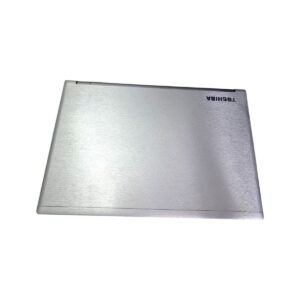 Closed silver Toshiba laptop lid with a brushed metal finish, viewed from the side edge area.