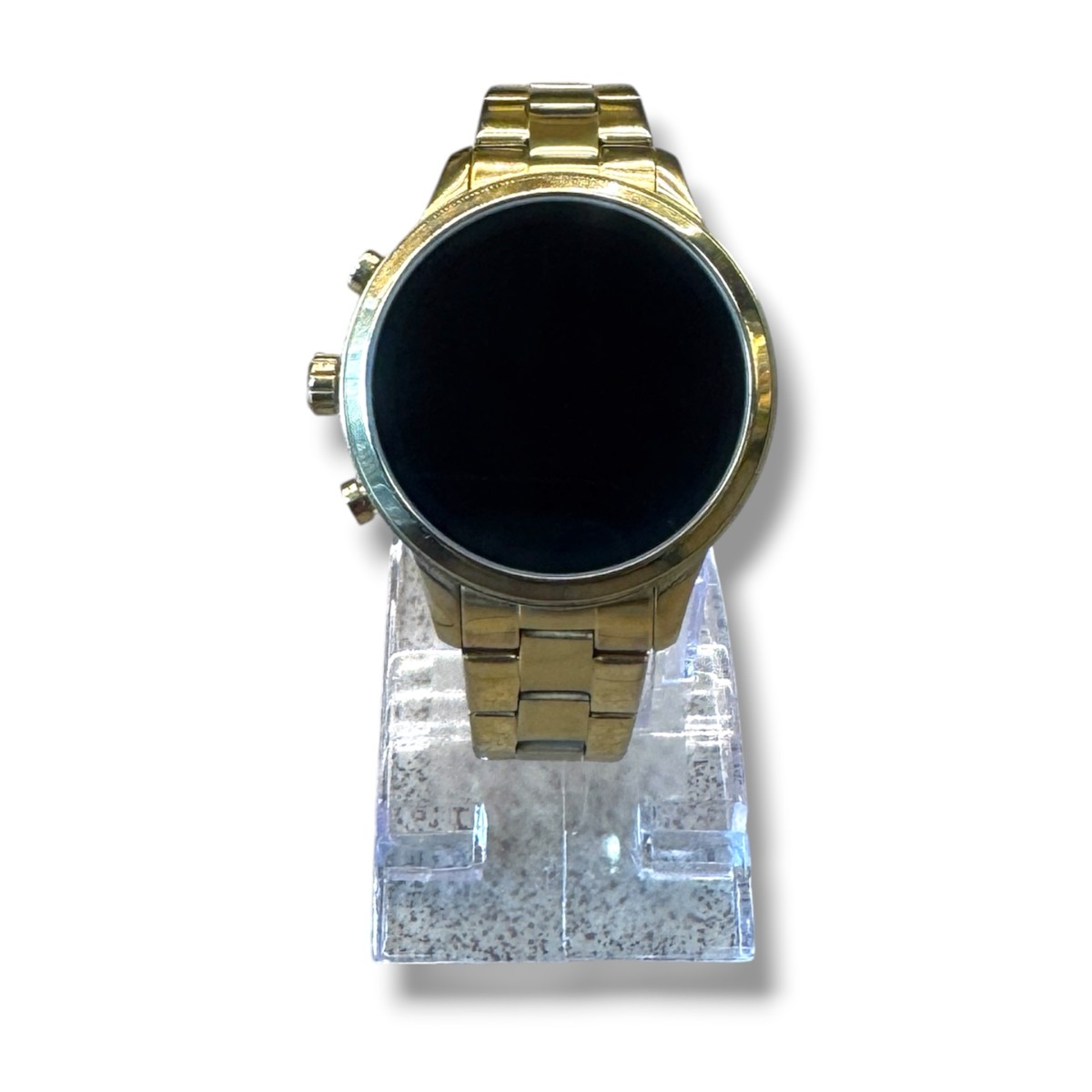 3d1455cc3304548a423e3dc9f13e02e7jpg - Mezola OÜ Gold-tone wristwatch with a metal link band and a blank black circular dial, displayed on a clear stand.