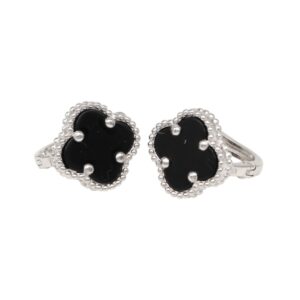 Pair of clover-shaped cufflinks with black onyx centers and silver beaded edging