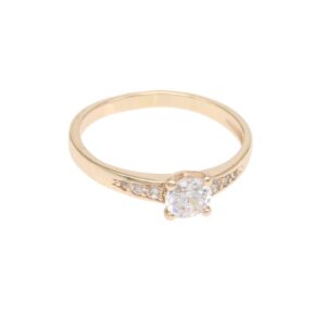 Gold engagement ring with a central round diamond and small diamonds along the band shoulders (rose/golden metal)