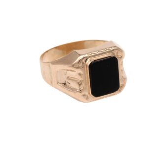 Gold signet ring with a square black stone centerpiece.