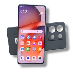Blue protective phone case with four circular camera openings beside a smartphone displaying a colorful home screen (front screen visible).