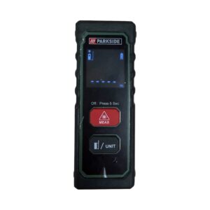 Handheld Parkside laser distance measurer with display screen and red MEAS button