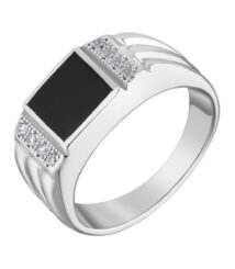 Silver men's ring with a black rectangular onyx center stone and small diamonds along the sides.