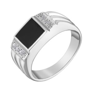 Silver men's ring with a black rectangular onyx center stone and small diamonds along the sides.