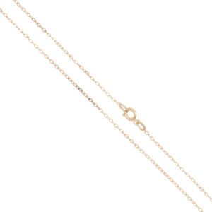 Gold-tone delicate chain necklace with a spring ring clasp, viewed diagonally against a white background