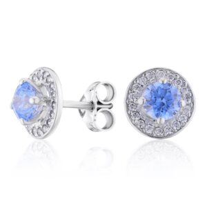 Sterling silver stud earrings with round blue gemstone surrounded by small diamonds on a halo setting.