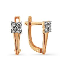 Rose gold lever-back earrings with a square cluster of diamonds at the top and a tapered body.