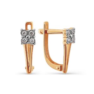 Rose gold lever-back earrings with a square cluster of diamonds at the top and a tapered body.