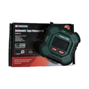 Parkside Automatic Tape Measure 4V product on its box, green handheld device with red 'LASER' and 'MODE' buttons visible.