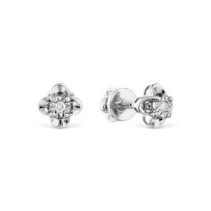 Silver flower-shaped stud earrings with a central diamond gem (pair)