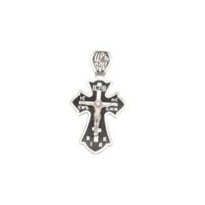 Cross-shaped pendant featuring a silver crucifix on a black enamel background with INRI inscription at the top.