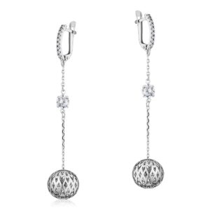 Silver drop earrings with a hinged clasp, a crystal accent, a delicate chain, and a lattice-patterned metal ball at the end beneath.