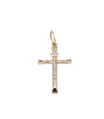 Gold cross pendant with a silver Jesus figure hanging from a loop at the top.
