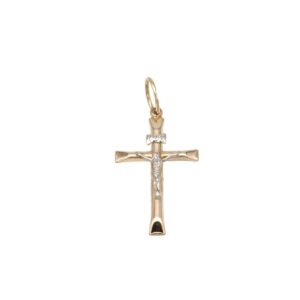 Gold cross pendant with a silver Jesus figure hanging from a loop at the top.