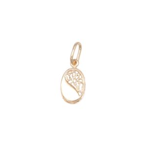 Gold oval pendant with an intricate tree‑like openwork design on a white background.