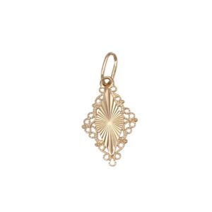 Gold diamond-shaped pendant with a sunburst center and a lace-like looping border, hanging from a small bail.