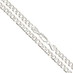 Two silver curb chain necklaces with lobster claw clasps lying parallel.